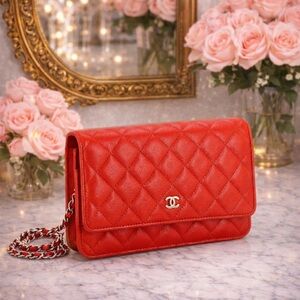 AUTHENTIC CHANEL RED QUILTED WALLET ON CHAIN (WOC)